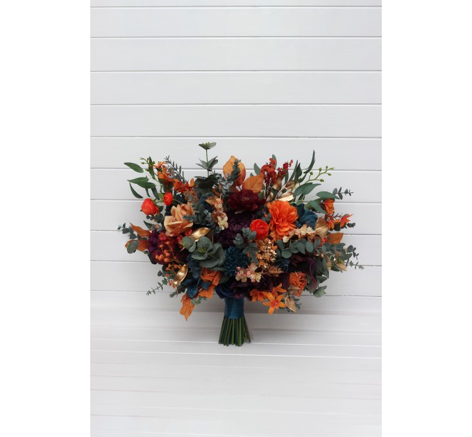 Teal, Rust, Gold, Plum & Mustard Wedding Bouquets – Jewel-Tone Faux Blooms for Bride and Bridesmaids