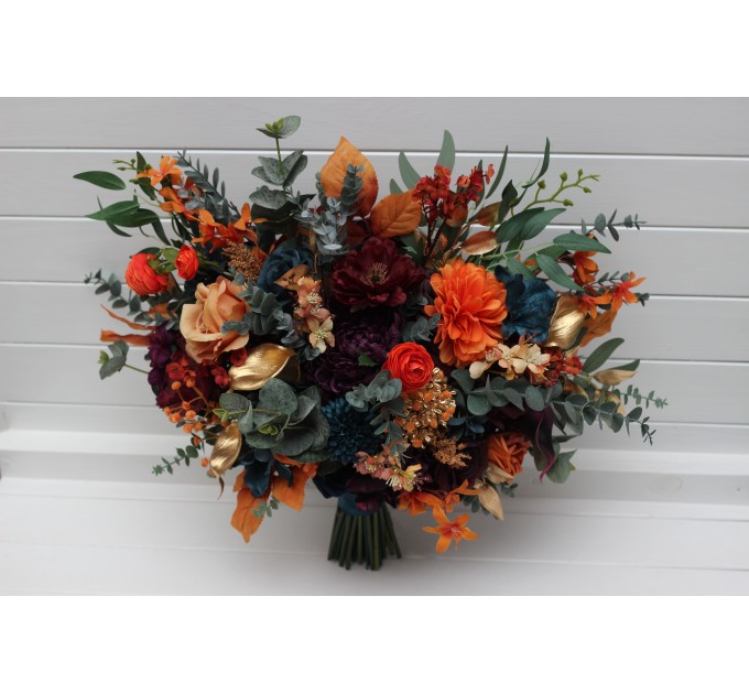 Teal, Rust, Gold, Plum & Mustard Wedding Bouquets – Jewel-Tone Faux Blooms for Bride and Bridesmaids