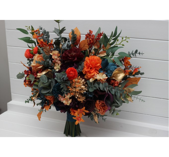 Teal, Rust, Gold, Plum & Mustard Wedding Bouquets – Jewel-Tone Faux Blooms for Bride and Bridesmaids