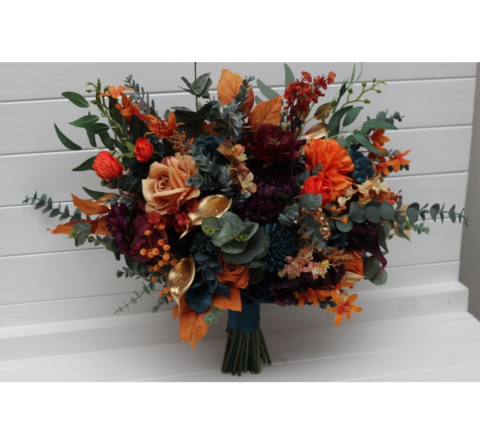 Teal, Rust, Gold, Plum & Mustard Wedding Bouquets – Jewel-Tone Faux Blooms for Bride and Bridesmaids