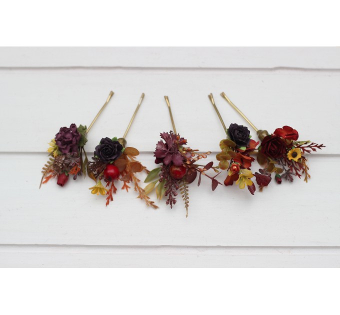 Set of 10 Burgundy, Orange & Purple Bobby Pins with Sunflowers – Wedding Hair Accessories & Bridesmaid Gifts