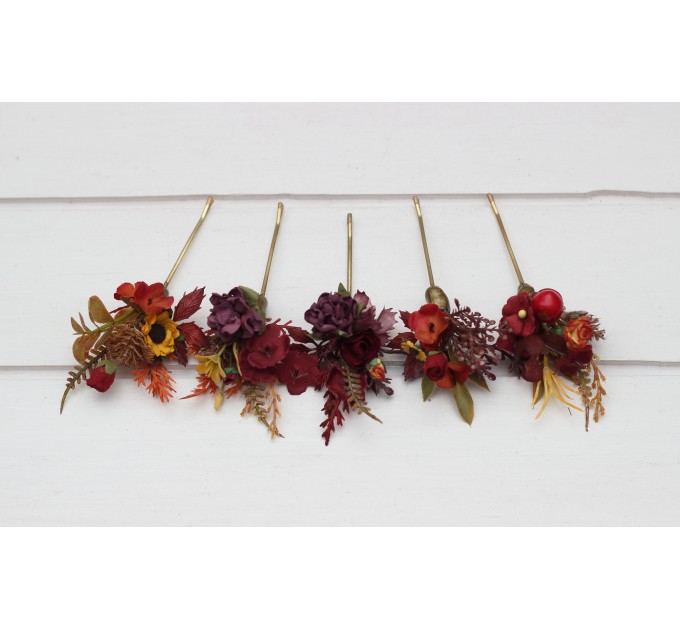 Set of 10 Burgundy, Orange & Purple Bobby Pins with Sunflowers – Wedding Hair Accessories & Bridesmaid Gifts