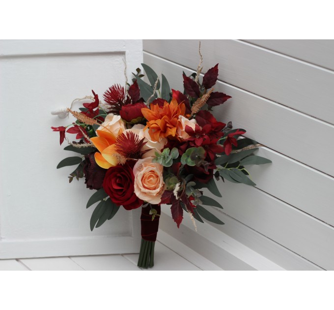 Burnt Orange, Red & Burgundy Cascading Bouquets – Faux Wedding Florals for Bride and Bridesmaids