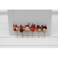  Set of 6 bobby pins in burnt orange red burgundy color scheme. Flower hair pins. Hair accessories. Flower accessories for wedding.  Bridesmaid gift.  5103