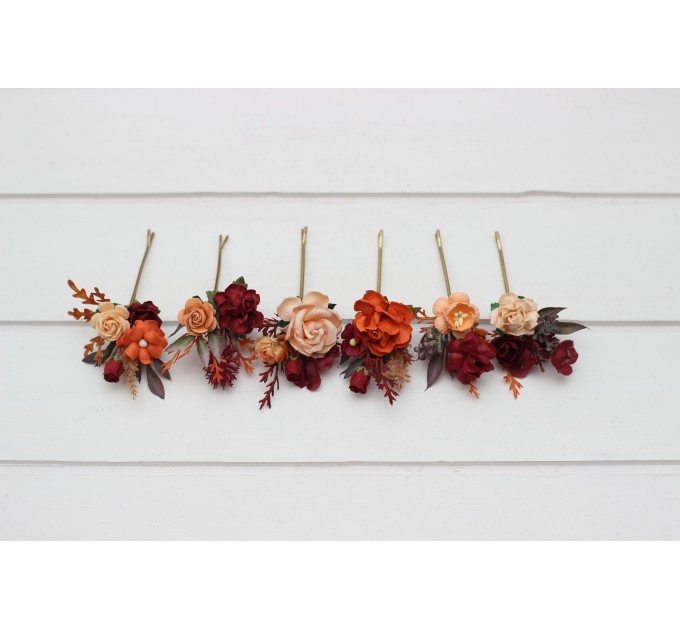 Set of 6 Burnt Orange, Red & Burgundy Flower Hair Pins – Wedding Hair Accessories & Bridesmaid Gifts