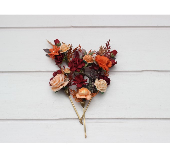 Set of 6 Burnt Orange, Red & Burgundy Flower Hair Pins – Wedding Hair Accessories & Bridesmaid Gifts