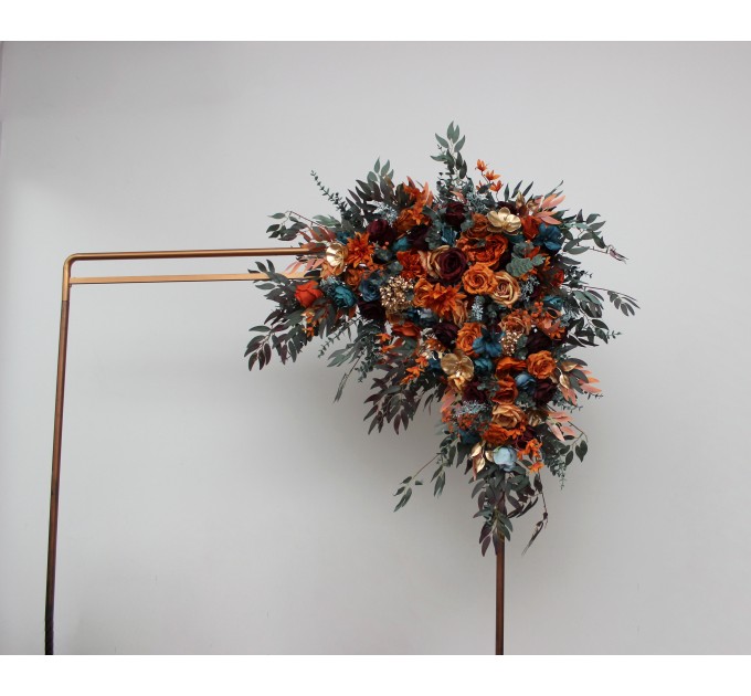 Flower Arch Arrangement in Teal, Rust, Burgundy & Gold | Faux Floral Archway for Wedding