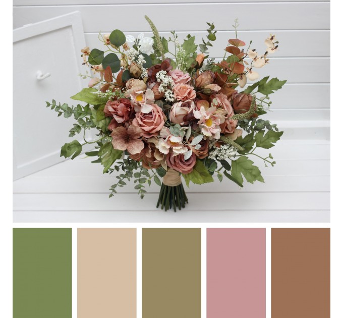 Dusty Rose, Olive, Beige & Brown Bridal Bouquet – Elegant Faux Blooms for Bride and Bridesmaids