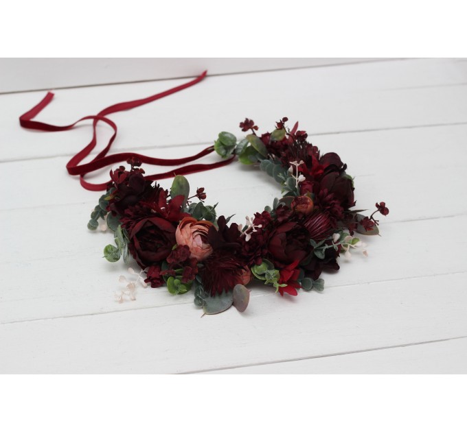 Burgundy dusty rose peach flower crown. Hair wreath. Flower girl crown. Wedding flowers. 0501