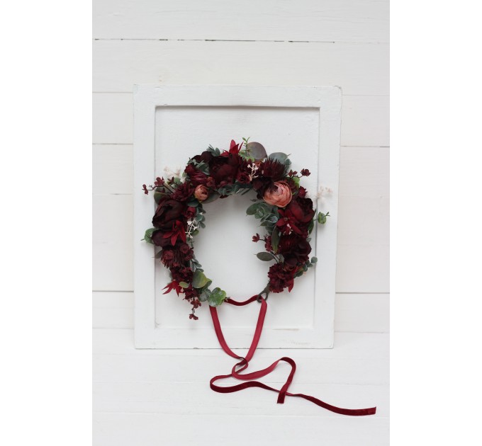 Burgundy dusty rose peach flower crown. Hair wreath. Flower girl crown. Wedding flowers. 0501