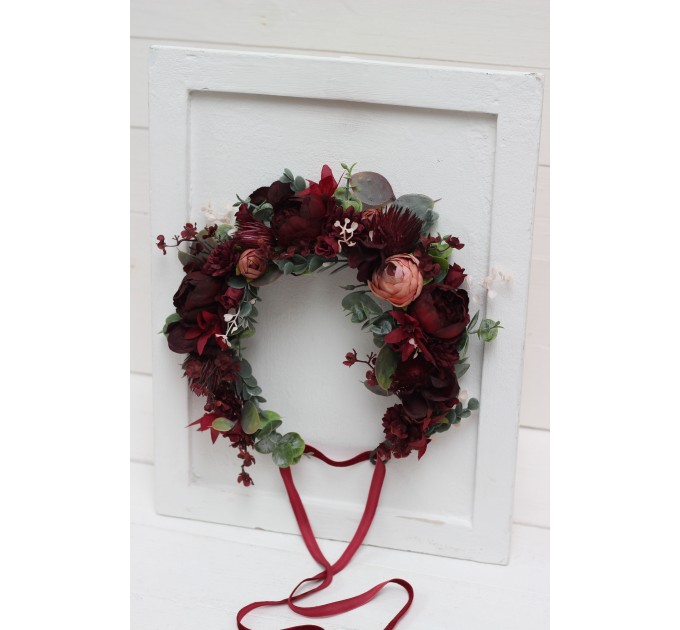 Burgundy dusty rose peach flower crown. Hair wreath. Flower girl crown. Wedding flowers. 0501