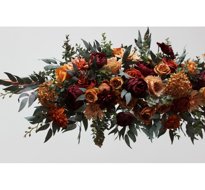 Flower arch arrangement in rust burgundy cinnamon  colors.  Arbor flowers. Floral archway. Faux flowers for wedding arch. 0044