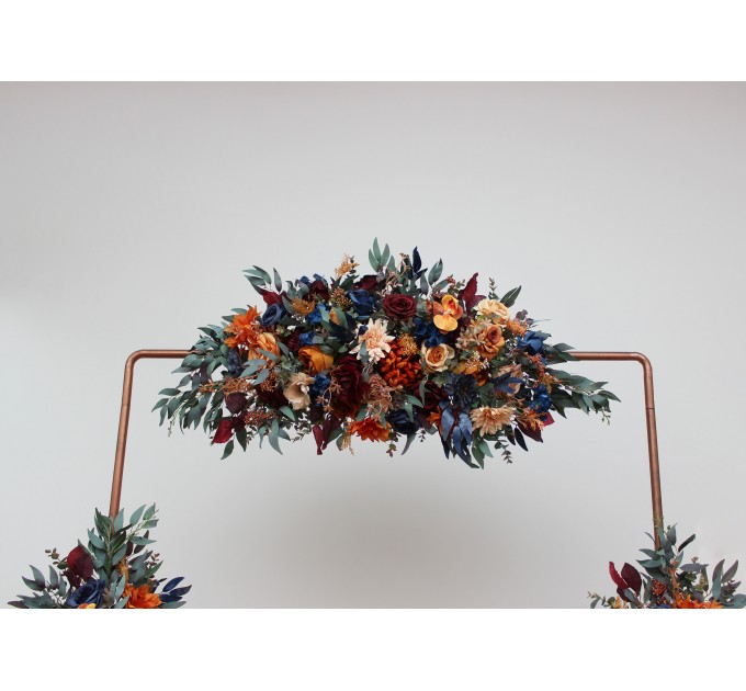  Flower arch arrangement in rust orange burgundy navy blue colors blue colors.  Arbor flowers. Floral archway. Faux flowers for wedding arch. 0043