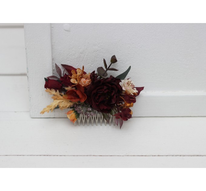 Flower comb in rust burgundy cinnamon color scheme. Wedding accessories for hair. Bridal flower comb. Bridesmaid floral comb. 0044