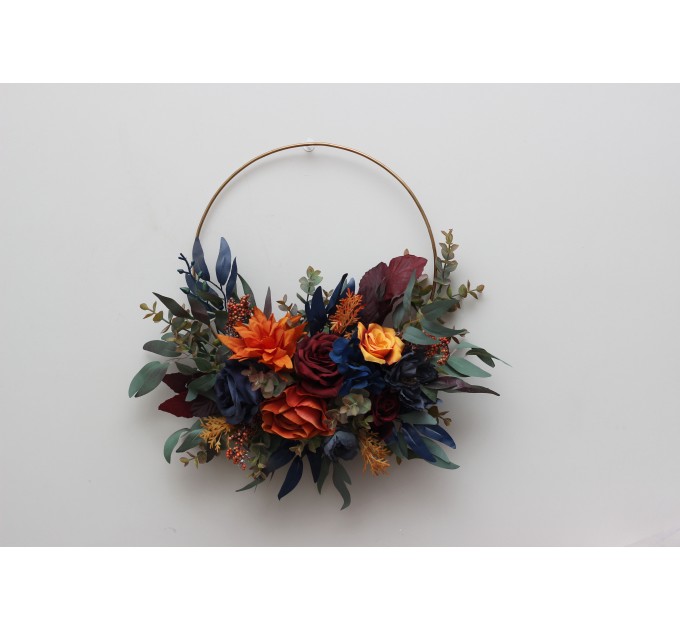 Flower hoop rust orange burgundy navy blue colors. Alternative bridesmaid bouquet. 0043