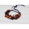 Orange burgundy navy blue  flower crown. Hair wreath. Flower girl crown. Wedding flowers. 0042