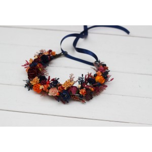 Orange burgundy navy blue  flower crown. Hair wreath. Flower girl crown. Wedding flowers. 0045