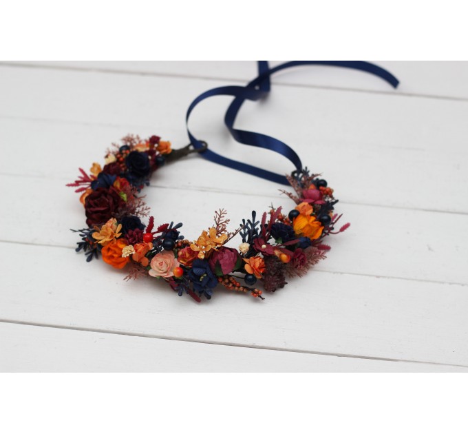 Orange burgundy navy blue  flower crown. Hair wreath. Flower girl crown. Wedding flowers. 0042