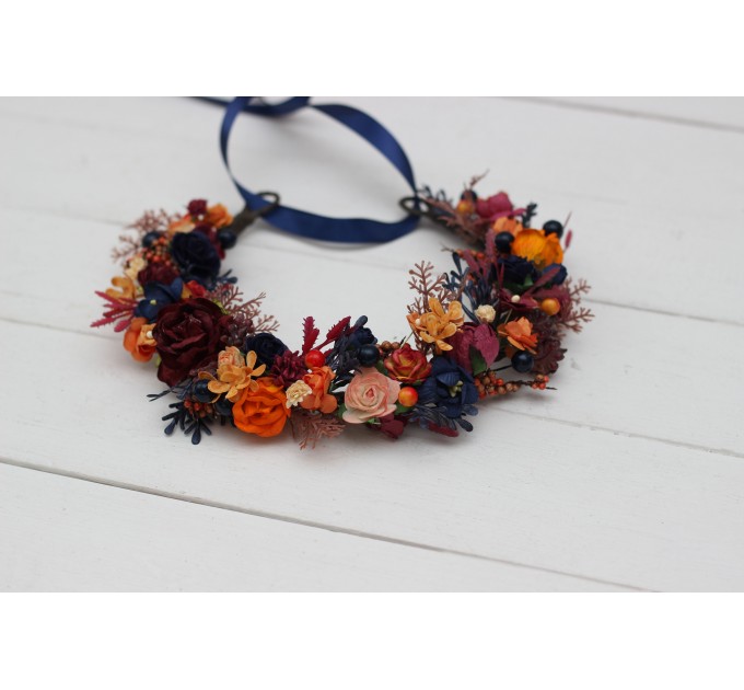 Orange burgundy navy blue  flower crown. Hair wreath. Flower girl crown. Wedding flowers. 0042