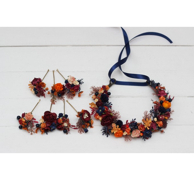 Orange burgundy navy blue  flower crown. Hair wreath. Flower girl crown. Wedding flowers. 0042
