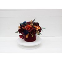 Rust orange burgundy navy blue centerpiece. Table decor. Wedding flowers in box. 0043