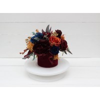 Rust orange burgundy navy blue centerpiece. Table decor. Wedding flowers in box. 0043