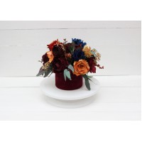 Rust orange burgundy navy blue centerpiece. Table decor. Wedding flowers in box. 0043