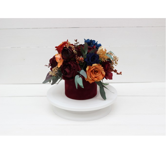 Rust orange burgundy navy blue centerpiece. Table decor. Wedding flowers in box. 0043