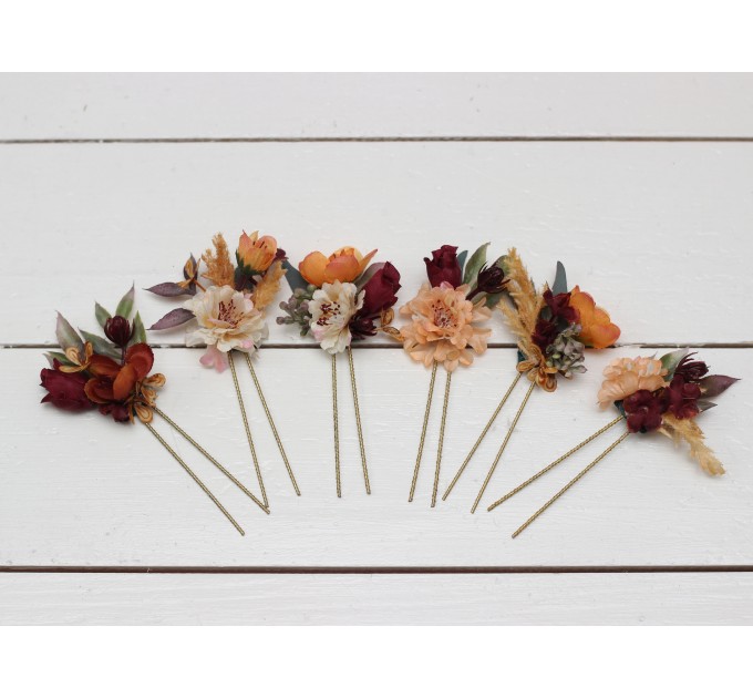  Set of 6 hair pins in rust burgundy cinnamon color scheme. Hair accessories. Flower accessories for wedding.  0044