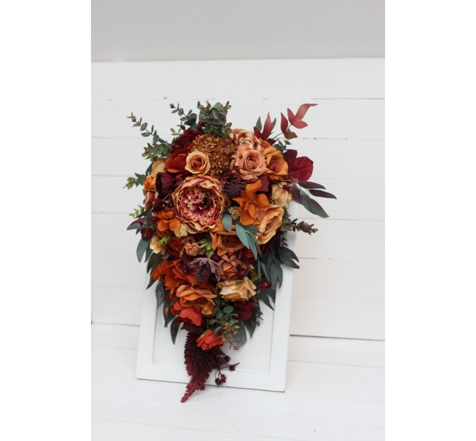 Wedding bouquets in rust burgundy cinnamon colors. Bridal bouquet. Cascading bouquet. Faux bouquet. Bridesmaid bouquet. 0044