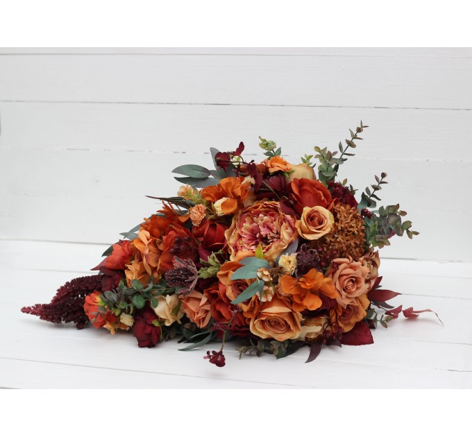 Wedding bouquets in rust burgundy cinnamon colors. Bridal bouquet. Cascading bouquet. Faux bouquet. Bridesmaid bouquet. 0044
