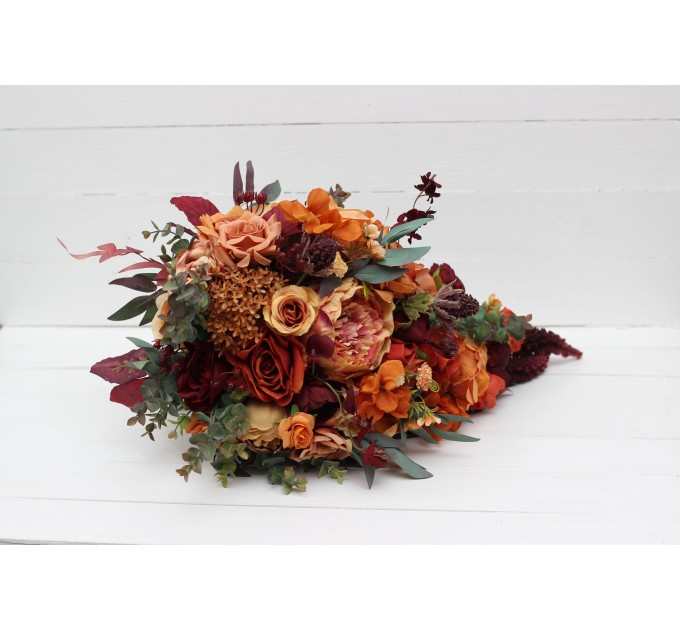 Wedding bouquets in rust burgundy cinnamon colors. Bridal bouquet. Cascading bouquet. Faux bouquet. Bridesmaid bouquet. 0044