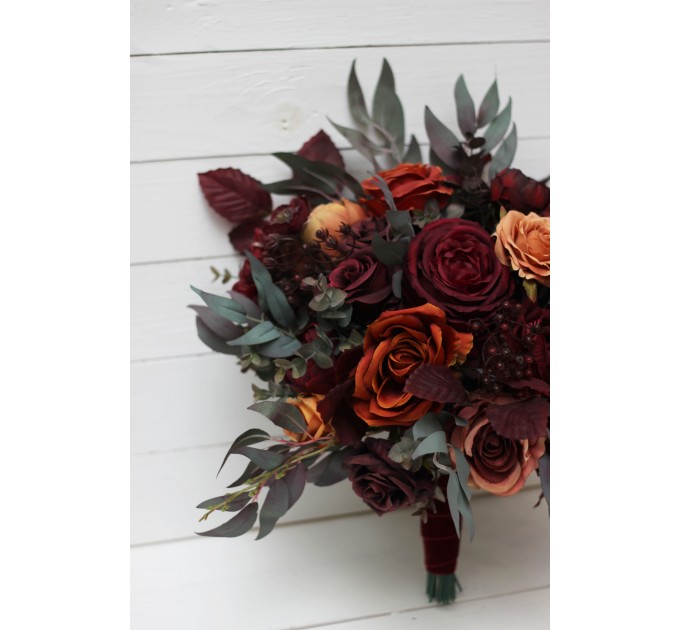 Wedding bouquets in rust burgundy cinnamon colors. Bridal bouquet. Cascading bouquet. Faux bouquet. Bridesmaid bouquet. 0044