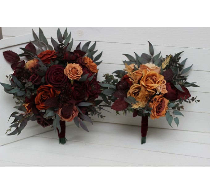 Wedding bouquets in rust burgundy cinnamon colors. Bridal bouquet. Cascading bouquet. Faux bouquet. Bridesmaid bouquet. 0044