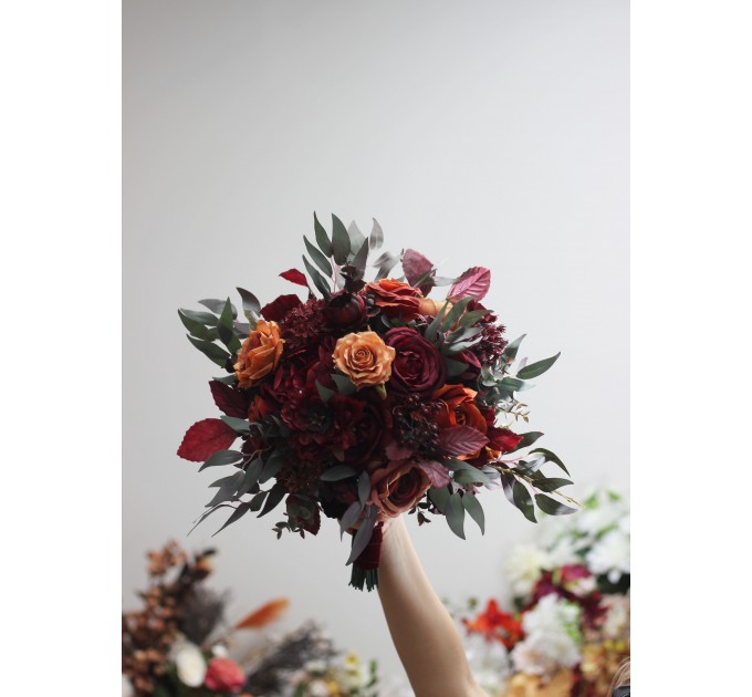 Wedding bouquets in rust burgundy cinnamon colors. Bridal bouquet. Cascading bouquet. Faux bouquet. Bridesmaid bouquet. 0044