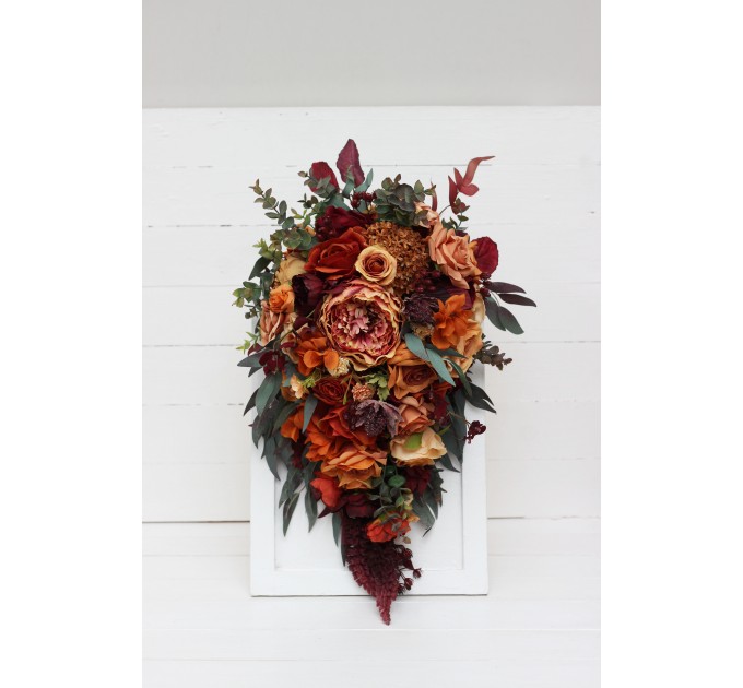 Wedding bouquets in rust burgundy cinnamon colors. Bridal bouquet. Cascading bouquet. Faux bouquet. Bridesmaid bouquet. 0044