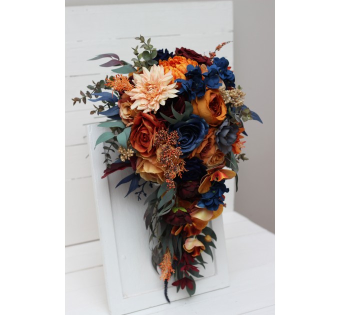 Wedding bouquets in rust orange burgundy navy blue colors. Bridal bouquet. Cascading bouquet. Faux bouquet. Bridesmaid bouquet. 0043