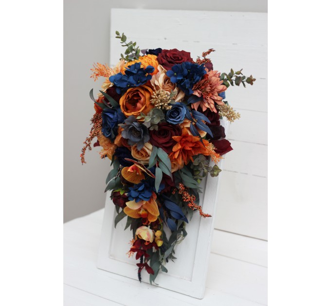 Wedding bouquets in rust orange burgundy navy blue colors. Bridal bouquet. Cascading bouquet. Faux bouquet. Bridesmaid bouquet. 0043