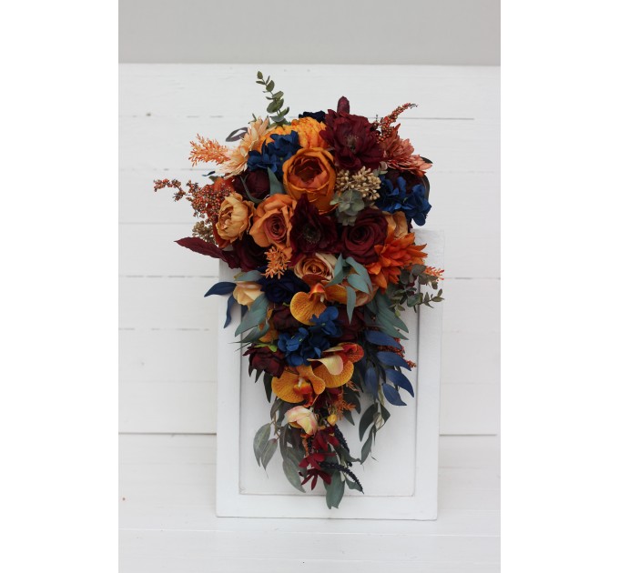 Wedding bouquets in rust orange burgundy navy blue colors. Bridal bouquet. Cascading bouquet. Faux bouquet. Bridesmaid bouquet. 0043