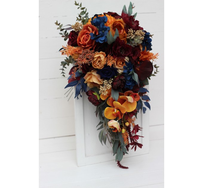Wedding bouquets in rust orange burgundy navy blue colors. Bridal bouquet. Cascading bouquet. Faux bouquet. Bridesmaid bouquet. 0043