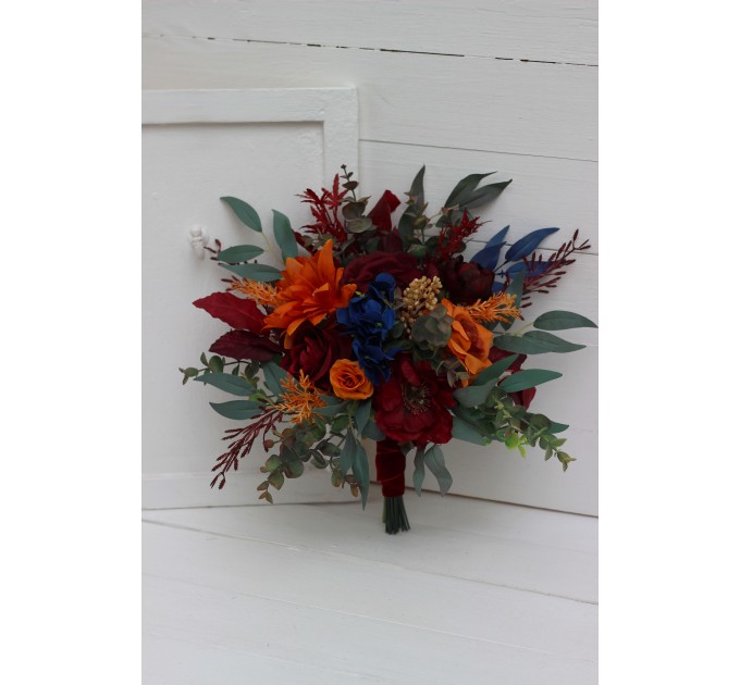 Wedding bouquets in rust orange burgundy navy blue colors. Bridal bouquet. Cascading bouquet. Faux bouquet. Bridesmaid bouquet. 0043
