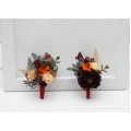 Wedding boutonnieres and wrist corsage in rust burgundy cinnamon color theme. Flower accessories. 0044