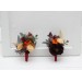 Wedding boutonnieres and wrist corsage in rust burgundy cinnamon color theme. Flower accessories. 0044