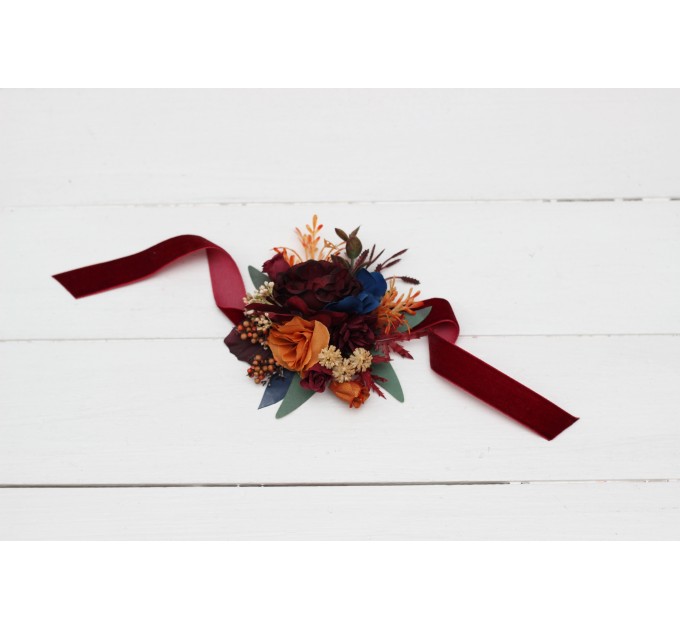  Wedding boutonnieres and wrist corsage  in rust orange burgundy navy blue color theme. Flower accessories. 0043