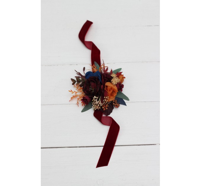  Wedding boutonnieres and wrist corsage  in rust orange burgundy navy blue color theme. Flower accessories. 0043