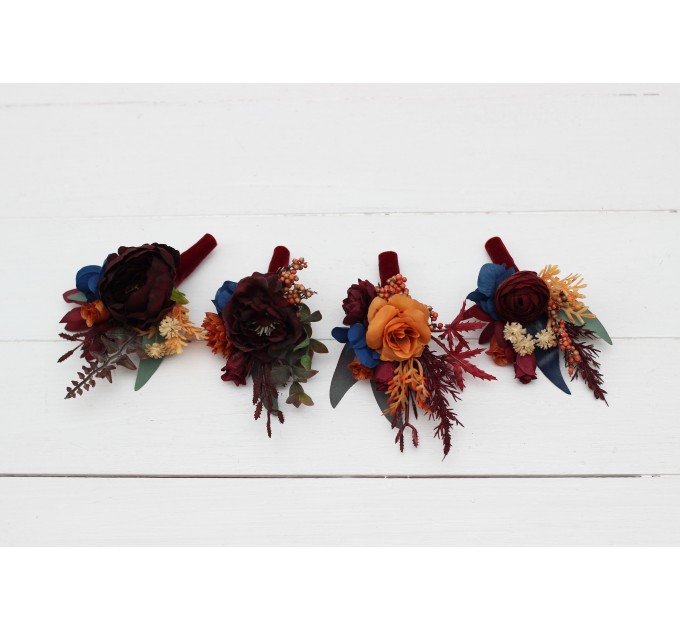  Wedding boutonnieres and wrist corsage  in rust orange burgundy navy blue color theme. Flower accessories. 0043