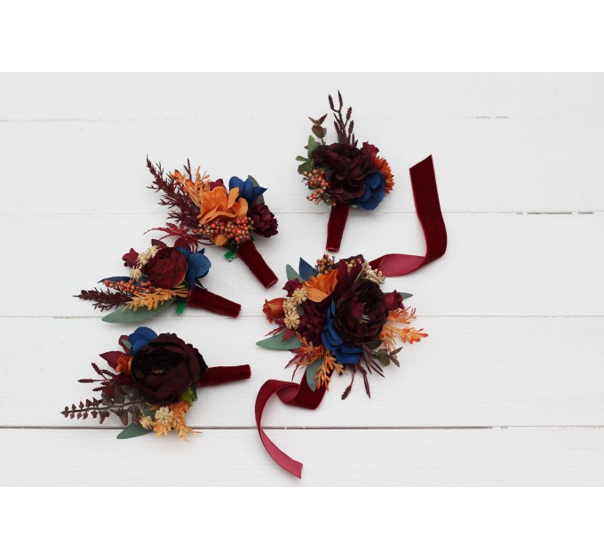  Wedding boutonnieres and wrist corsage  in rust orange burgundy navy blue color theme. Flower accessories. 0043