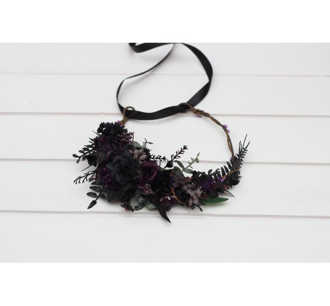 Gothic Flower Crown in Deep Purple, Black & Dark Green – Faux Hair Wreath for Weddings and Flower Girls
