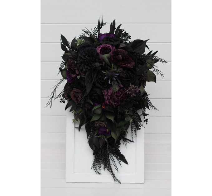 Cascading Bridal & Bridesmaid Bouquets – Gothic Faux Flowers in Deep Purple, Black & Dark Green