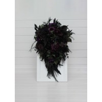 Cascade bridal and bridesmaid  bouquets in deep purple royal purple black and dark green color scheme. Wedding faux flowers for gothic wedding. 5411